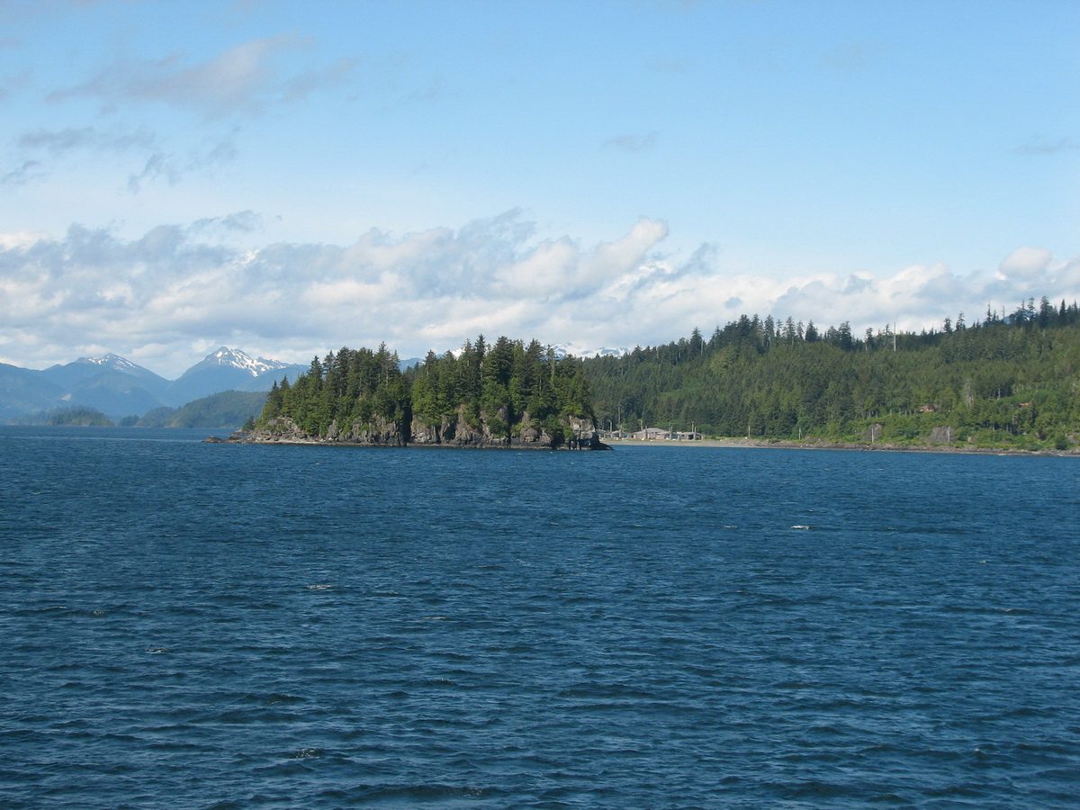 Forested headlands and blue water along the Haida Gwaii coastline