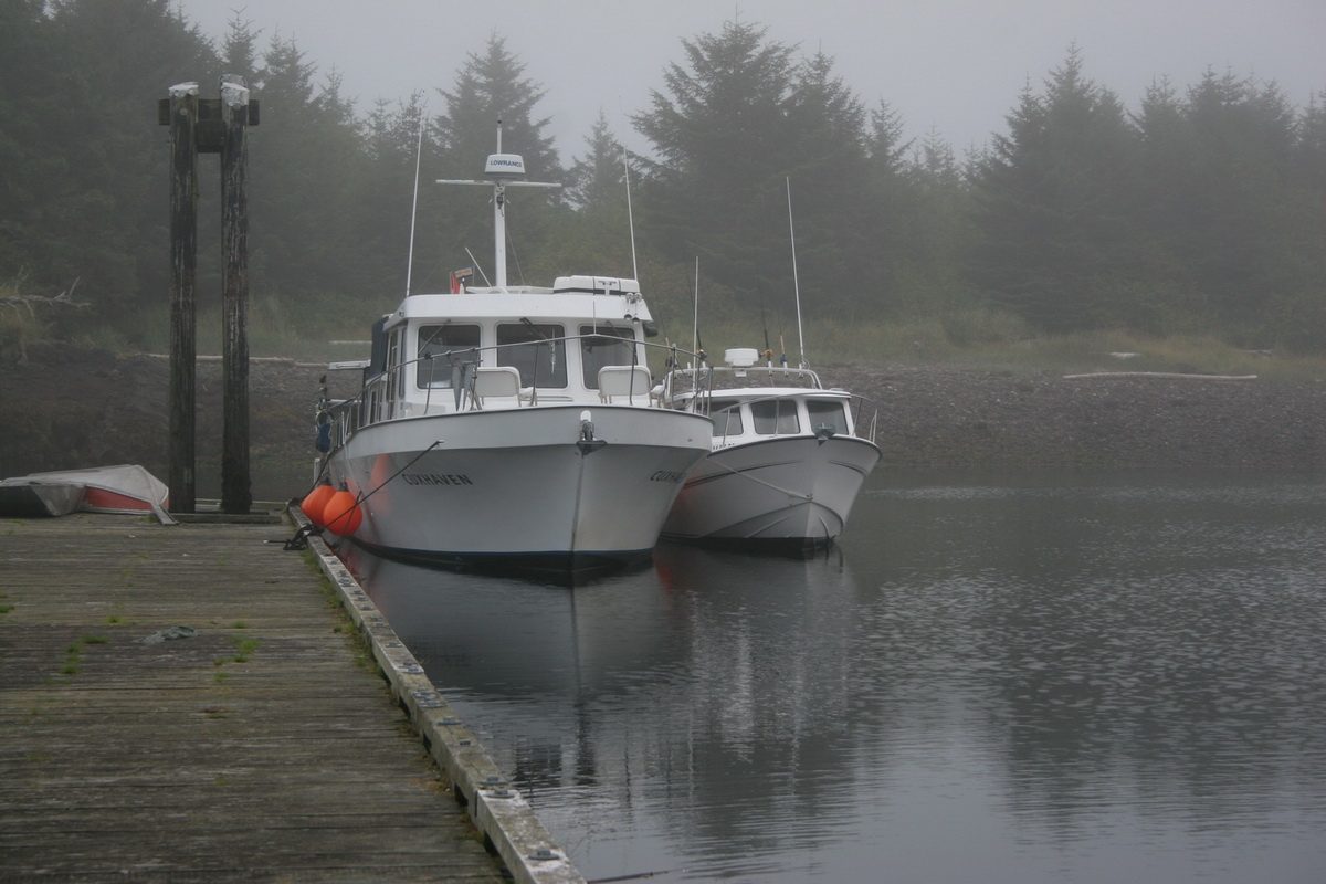 Boats moored on a calm, misty morning